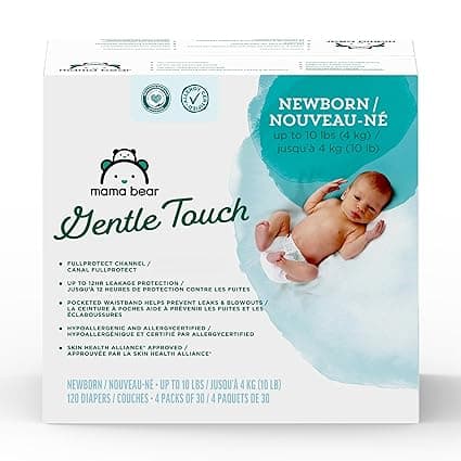 Amazon Brand - Mama Bear Gentle Touch Diapers, Hypoallergenic with Leak Protection, Size Newborn, 120 Count (4 packs of 30)