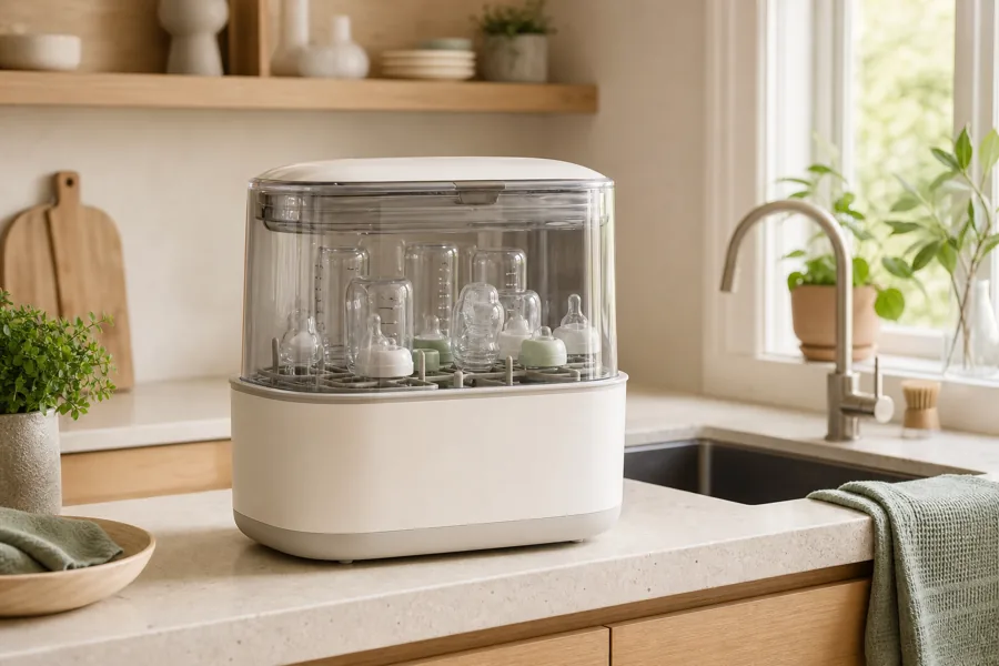 Automatic baby bottle washer in a warm modern kitchen