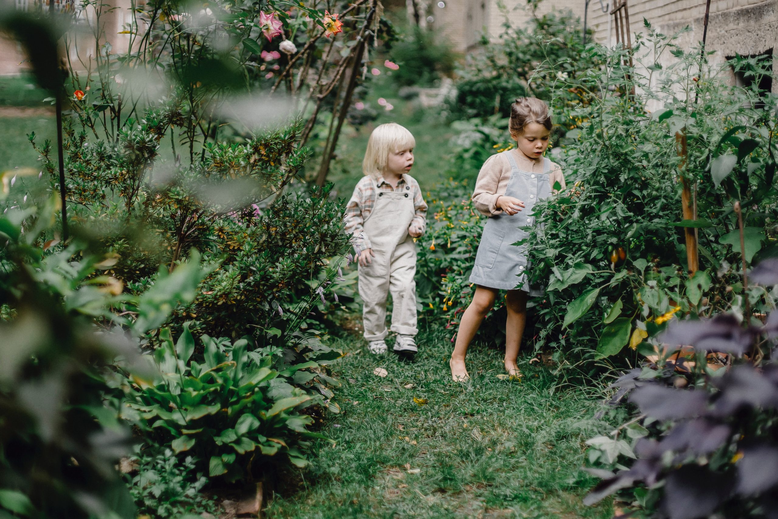 two toddlers exploring spring flowers in an article about spring activities for toddlers and babies